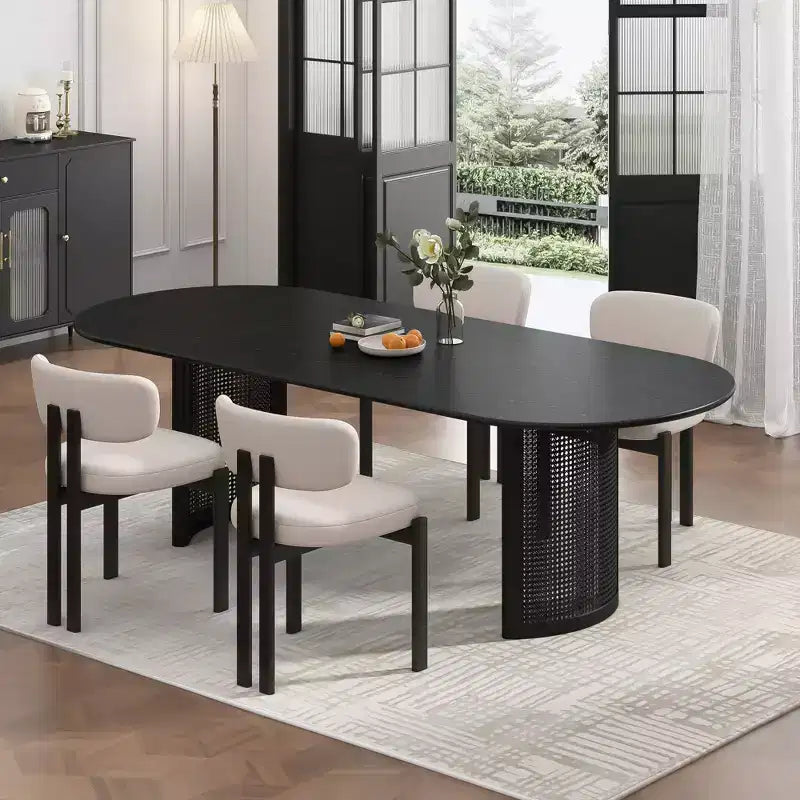 PexFix 79 Tavolo da Pranzo Ovale per 6-8 con Piano a Bordo Curvo e Base in Rattan Intrecciato Tavolo da Cucina Moderno Stile Rustico per Soggiorno Sala da Pranzo Nero