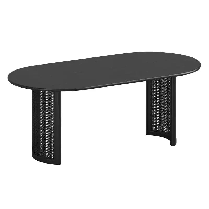 PexFix 79 Tavolo da Pranzo Ovale per 6-8 con Piano a Bordo Curvo e Base in Rattan Intrecciato Tavolo da Cucina Moderno Stile Rustico per Soggiorno Sala da Pranzo Nero