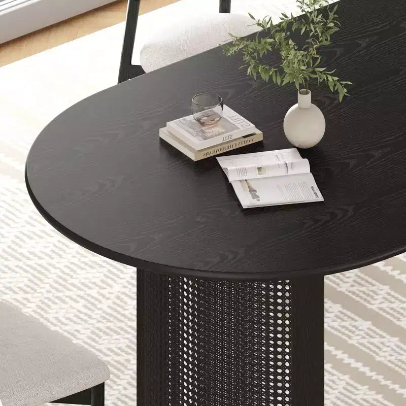 PexFix 79 Tavolo da Pranzo Ovale per 6-8 con Piano a Bordo Curvo e Base in Rattan Intrecciato Tavolo da Cucina Moderno Stile Rustico per Soggiorno Sala da Pranzo Nero
