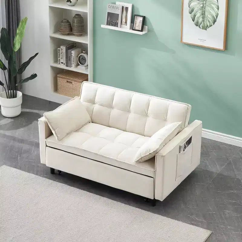 MAYEERTY Modern Velevt Loveseat Sleeper Sofa Couch Pull Out Bed with Toss Pillows Pockets for Living Room Bedroom Beige