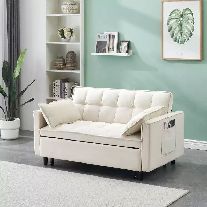 MAYEERTY Modern Velevt Loveseat Sleeper Sofa Couch Pull Out Bed with Toss Pillows Pockets for Living Room Bedroom Beige