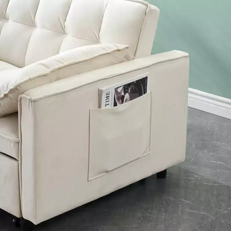 MAYEERTY Modern Velevt Loveseat Sleeper Sofa Couch Pull Out Bed with Toss Pillows Pockets for Living Room Bedroom Beige