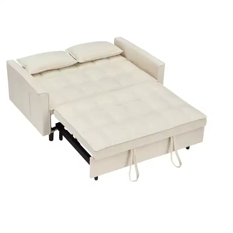 MAYEERTY Modern Velevt Loveseat Sleeper Sofa Couch Pull Out Bed with Toss Pillows Pockets for Living Room Bedroom Beige