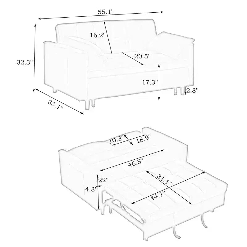 MAYEERTY Modern Velevt Loveseat Sleeper Sofa Couch Pull Out Bed with Toss Pillows Pockets for Living Room Bedroom Beige