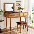 Makeup Vanity with Cushioned Stools, Wood Vanity Desk with Flip-Top Mirror & 3 Large Drawers