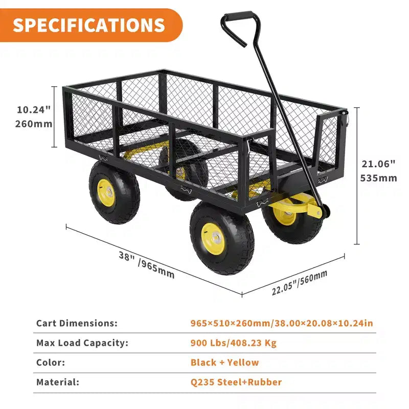 Carrello in acciaio per impieghi gravosi con maniglia girevole a 180° versatile, sponde rimovibili e ruote da 10 pollici per l'uso in cucina o in giardino