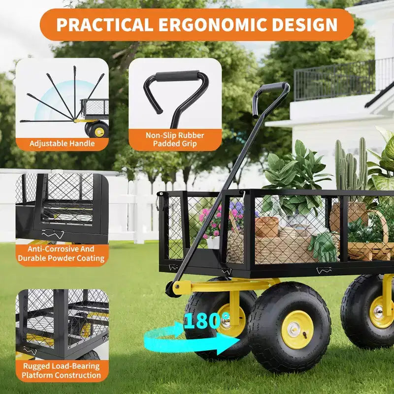 Carrello in acciaio per impieghi gravosi con maniglia girevole a 180° versatile, sponde rimovibili e ruote da 10 pollici per l'uso in cucina o in giardino