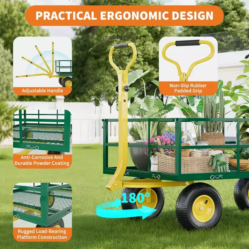 Carrello in acciaio per impieghi gravosi con maniglia girevole a 180° versatile, sponde rimovibili e ruote da 10 pollici per l'uso in cucina o in giardino