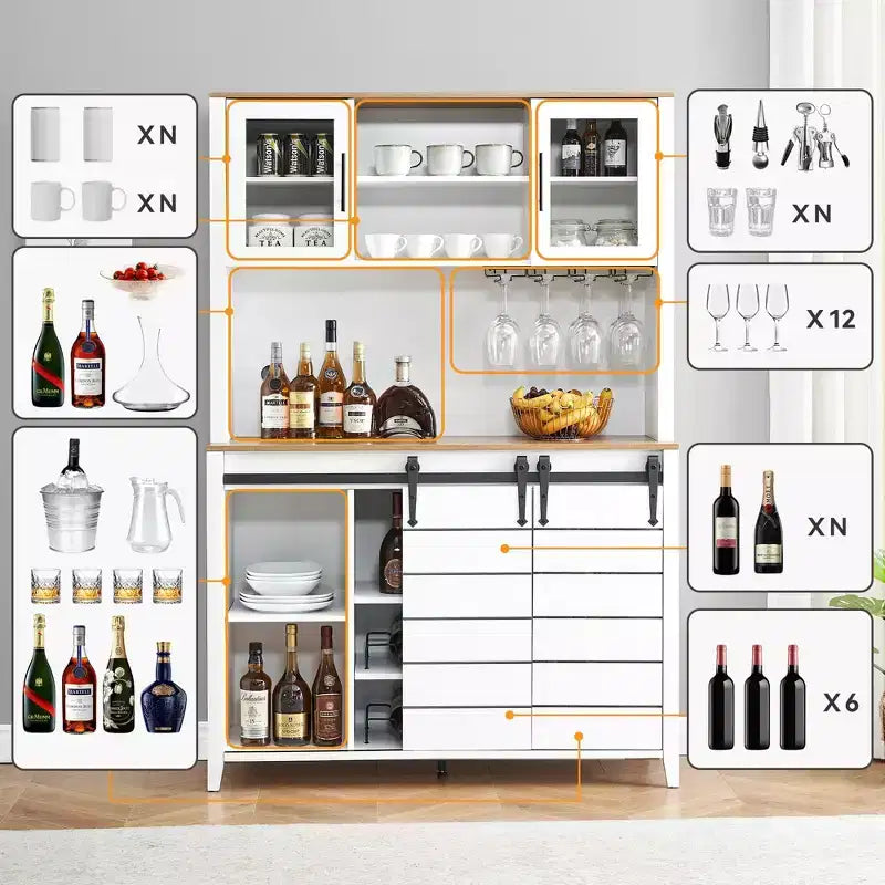 Mobile Bar in Stile Rustico da 70 Pollici con Ante Scorrevoli a Stalla e Vano Contenitore, Credenza Alta da Cucina con Porta-Vino e Bicchieri, Dispensa per Sala da Pranzo