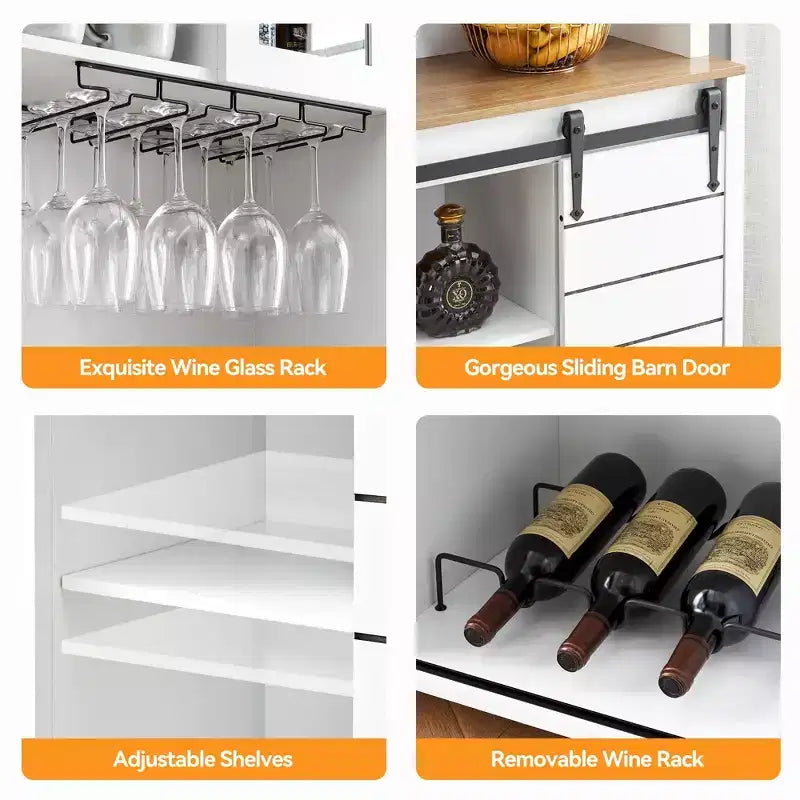 Mobile Bar in Stile Rustico da 70 Pollici con Ante Scorrevoli a Stalla e Vano Contenitore, Credenza Alta da Cucina con Porta-Vino e Bicchieri, Dispensa per Sala da Pranzo