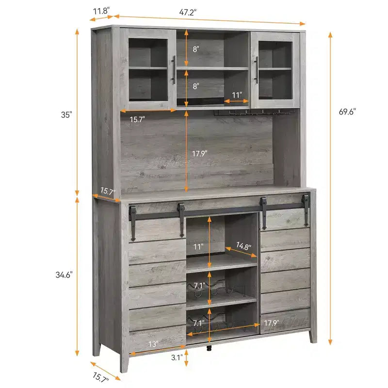 Mobile Bar in Stile Rustico da 70 Pollici con Ante Scorrevoli a Stalla e Vano Contenitore, Credenza Alta da Cucina con Porta-Vino e Bicchieri, Dispensa per Sala da Pranzo