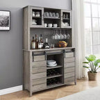 Mobile Bar in Stile Rustico da 70 Pollici con Ante Scorrevoli a Stalla e Vano Contenitore, Credenza Alta da Cucina con Porta-Vino e Bicchieri, Dispensa per Sala da Pranzo