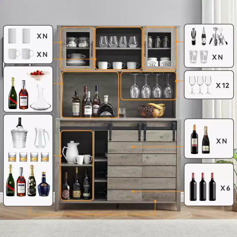 Mobile Bar in Stile Rustico da 70 Pollici con Ante Scorrevoli a Stalla e Vano Contenitore, Credenza Alta da Cucina con Porta-Vino e Bicchieri, Dispensa per Sala da Pranzo