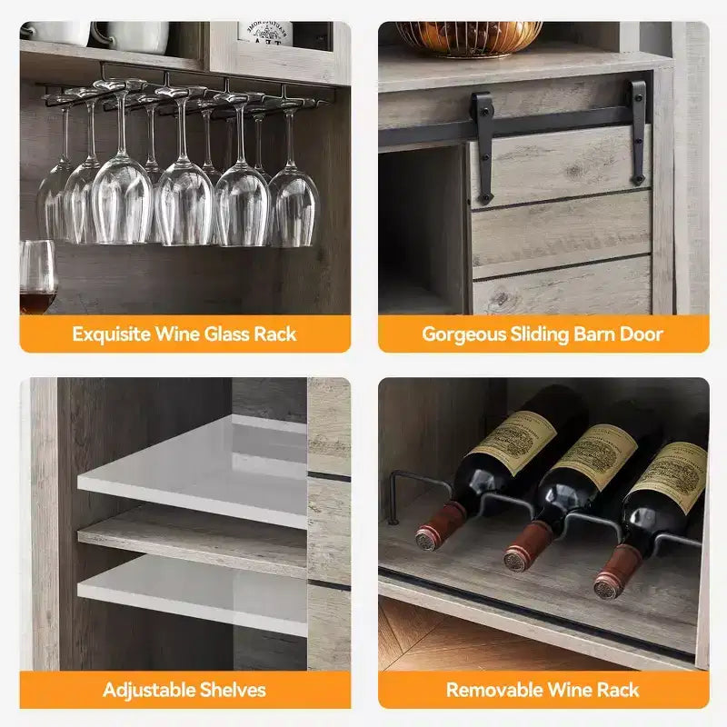 Mobile Bar in Stile Rustico da 70 Pollici con Ante Scorrevoli a Stalla e Vano Contenitore, Credenza Alta da Cucina con Porta-Vino e Bicchieri, Dispensa per Sala da Pranzo