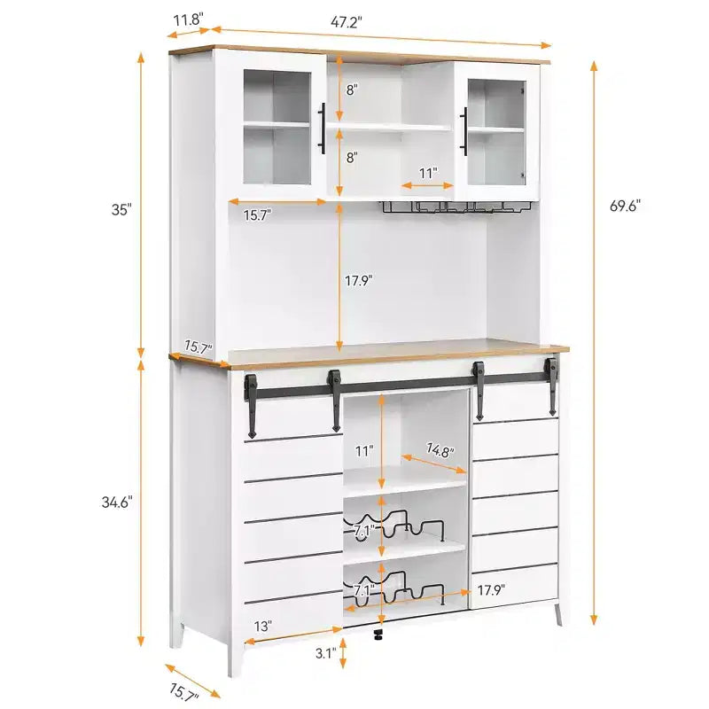 Mobile Bar in Stile Rustico da 70 Pollici con Ante Scorrevoli a Stalla e Vano Contenitore, Credenza Alta da Cucina con Porta-Vino e Bicchieri, Dispensa per Sala da Pranzo