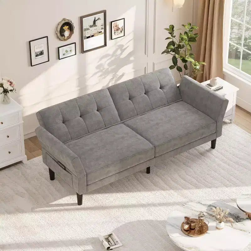 Futon Sofa Bed, Convertible Sofa Bed with Adjustable Backrest and Armrests, Modern Futon Double Sofa Bed for Living Room Bedroom Apartment