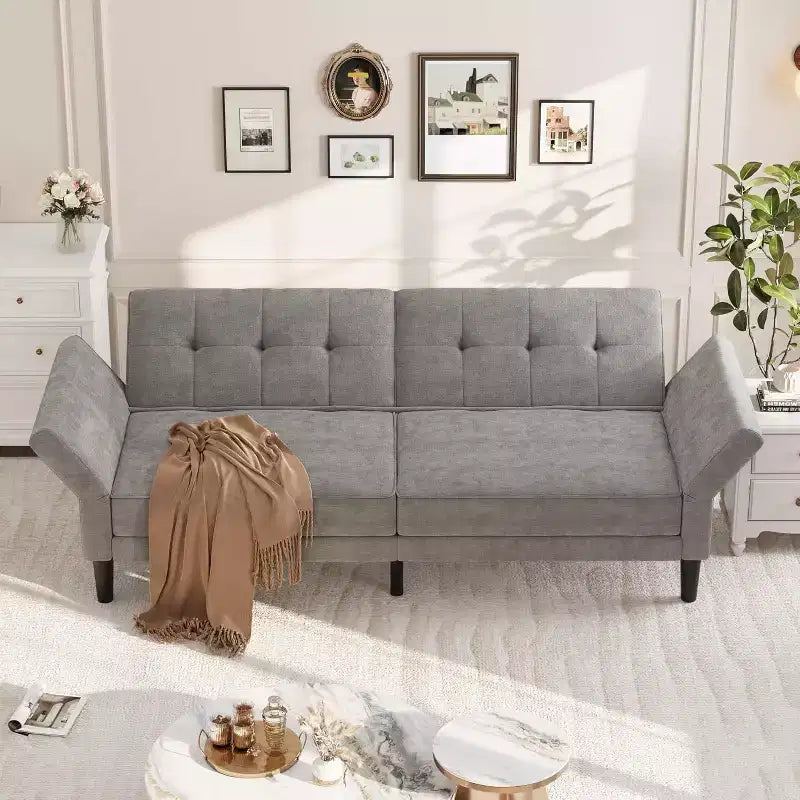 Futon Sofa Bed, Convertible Sofa Bed with Adjustable Backrest and Armrests, Modern Futon Double Sofa Bed for Living Room Bedroom Apartment