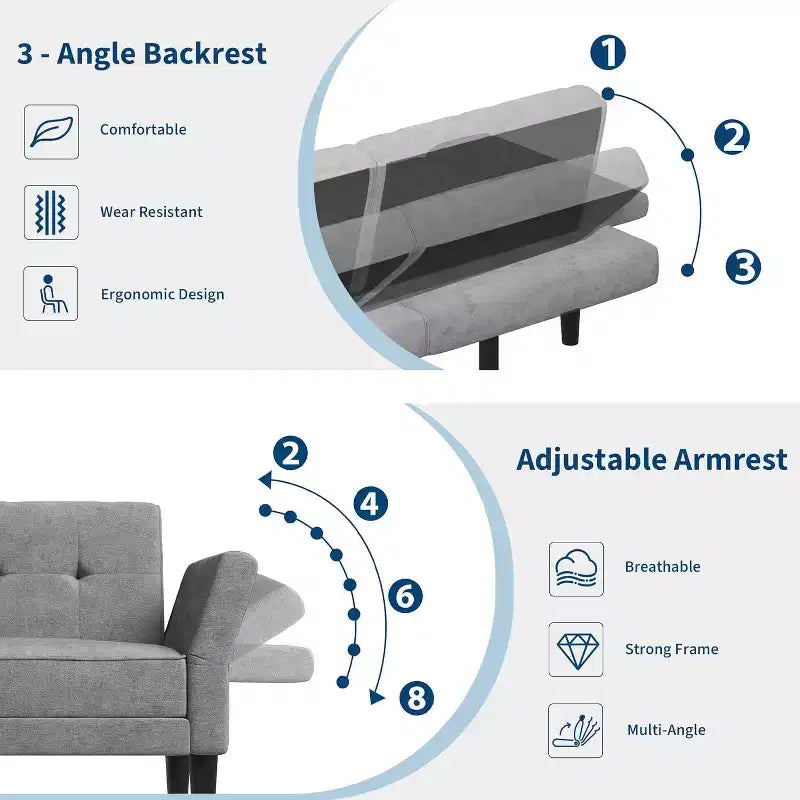 Futon Sofa Bed, Convertible Sofa Bed with Adjustable Backrest and Armrests, Modern Futon Double Sofa Bed for Living Room Bedroom Apartment
