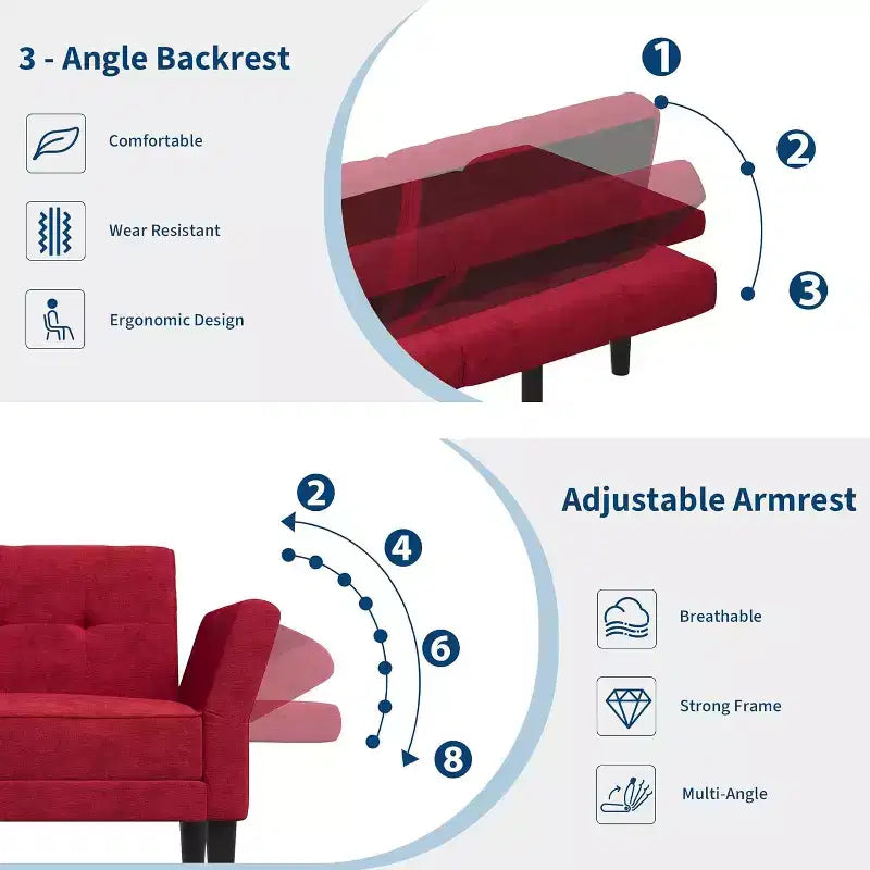 Futon Sofa Bed, Convertible Sofa Bed with Adjustable Backrest and Armrests, Modern Futon Double Sofa Bed for Living Room Bedroom Apartment