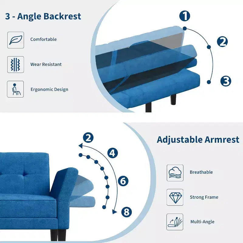 Futon Sofa Bed, Convertible Sofa Bed with Adjustable Backrest and Armrests, Modern Futon Double Sofa Bed for Living Room Bedroom Apartment