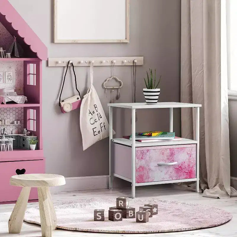 Sorbus 1 Drawers Nightstand with Shelf - Steel Frame, Wood Top & Easy Pull Fabric Bins - Perfect for Home, Bedroom, Office & College Dorm