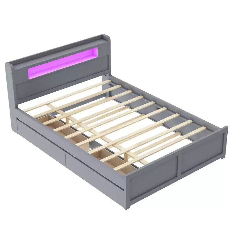 Queen Size Platform Bed with Trundle, Wood Storage Platform Bed with 2 Storage Drawers and LED Light