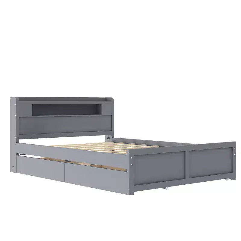 Queen Size Platform Bed with Trundle, Wood Storage Platform Bed with 2 Storage Drawers and LED Light
