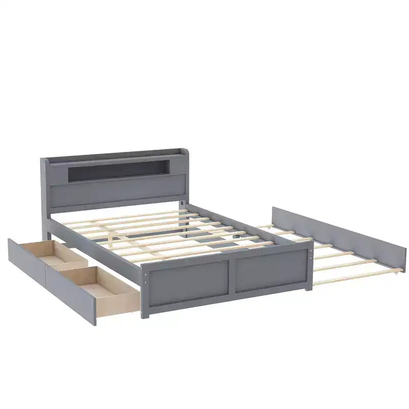 Queen Size Platform Bed with Trundle, Wood Storage Platform Bed with 2 Storage Drawers and LED Light