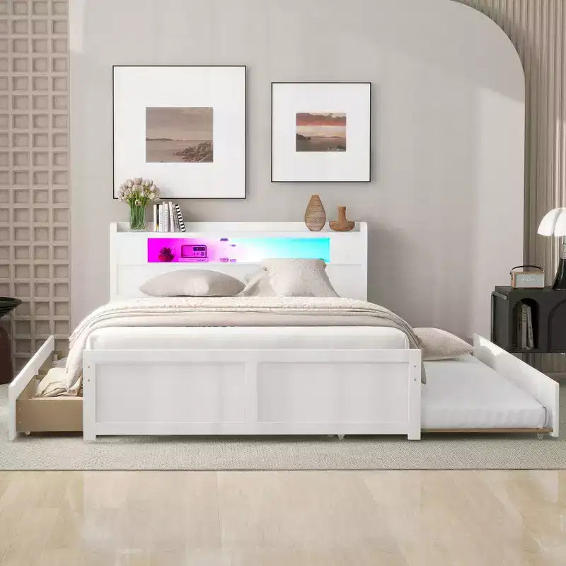 Queen Size Platform Bed with Trundle, Wood Storage Platform Bed with 2 Storage Drawers and LED Light