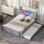 Queen Size Platform Bed with Trundle, Wood Storage Platform Bed with 2 Storage Drawers and LED Light