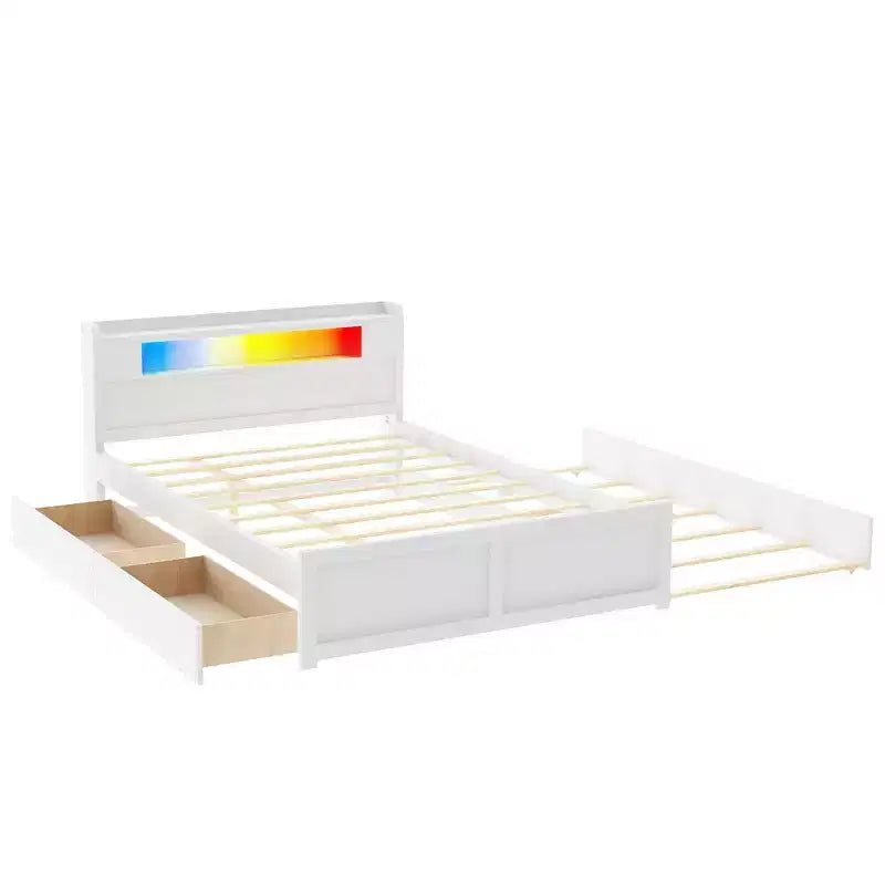 Queen Size Platform Bed with Trundle, Wood Storage Platform Bed with 2 Storage Drawers and LED Light