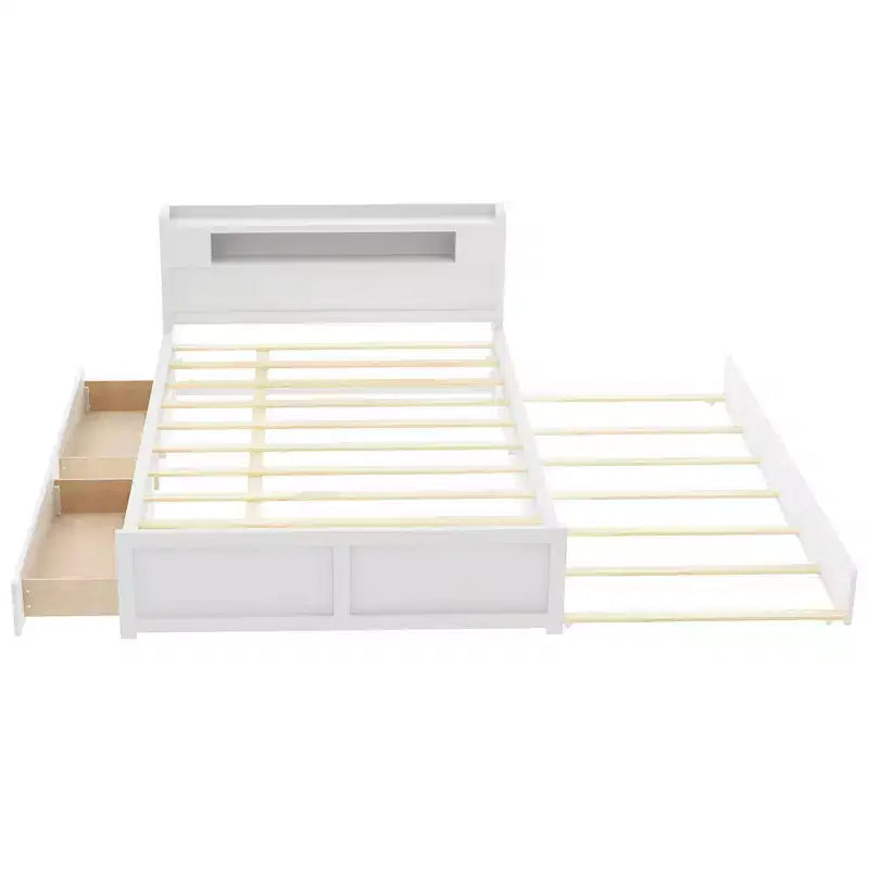 Queen Size Platform Bed with Trundle, Wood Storage Platform Bed with 2 Storage Drawers and LED Light