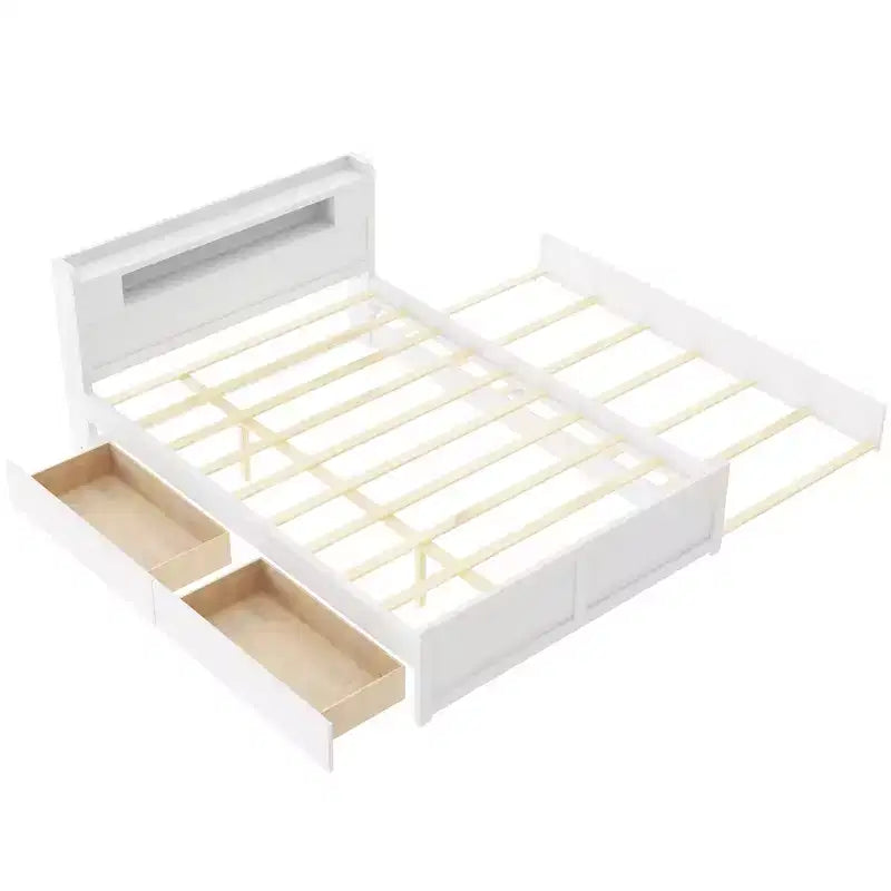 Queen Size Platform Bed with Trundle, Wood Storage Platform Bed with 2 Storage Drawers and LED Light