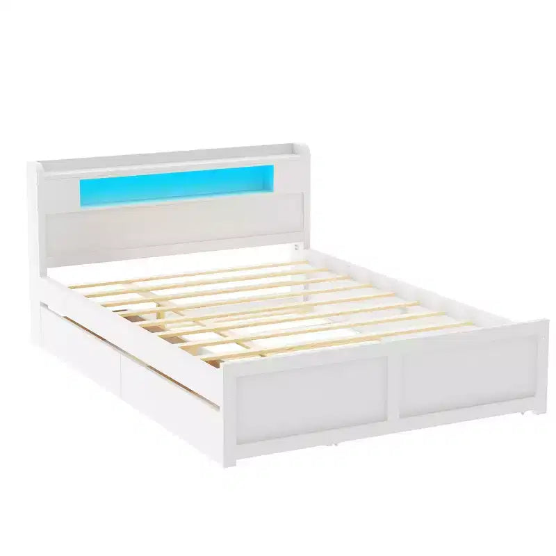 Queen Size Platform Bed with Trundle, Wood Storage Platform Bed with 2 Storage Drawers and LED Light
