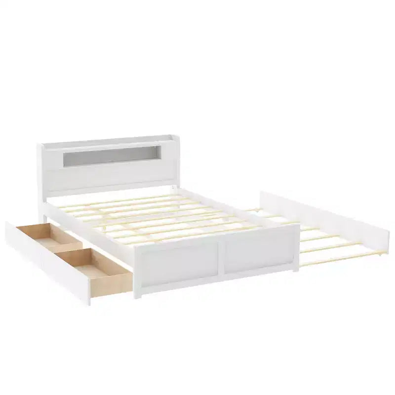Queen Size Platform Bed with Trundle, Wood Storage Platform Bed with 2 Storage Drawers and LED Light
