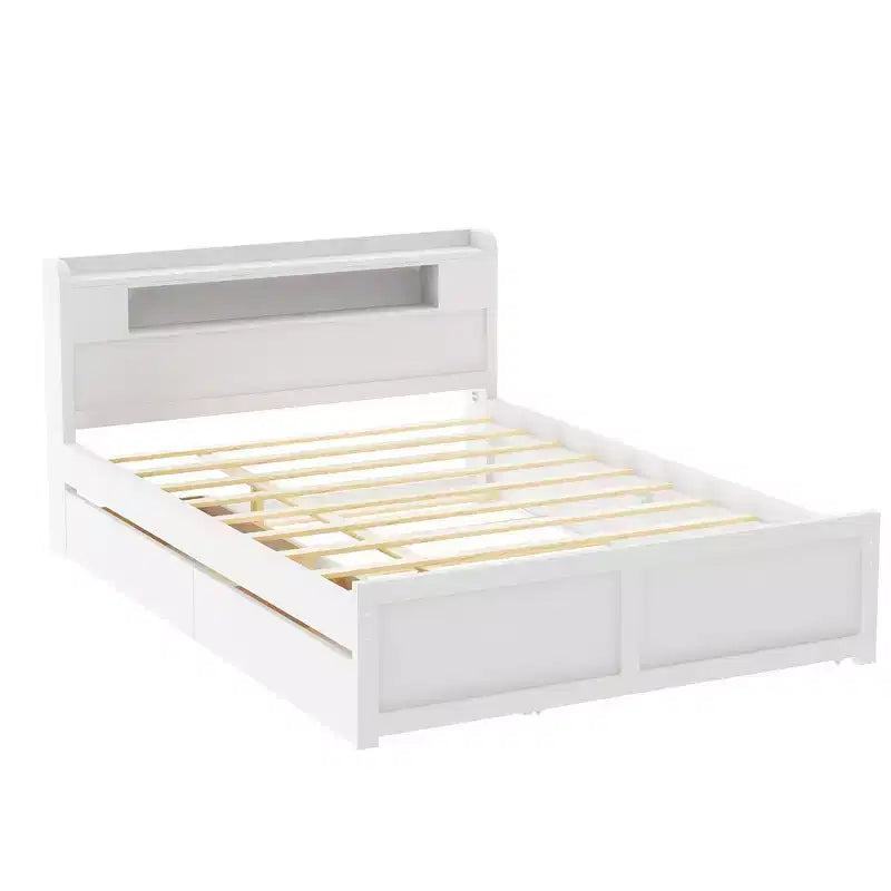 Queen Size Platform Bed with Trundle, Wood Storage Platform Bed with 2 Storage Drawers and LED Light