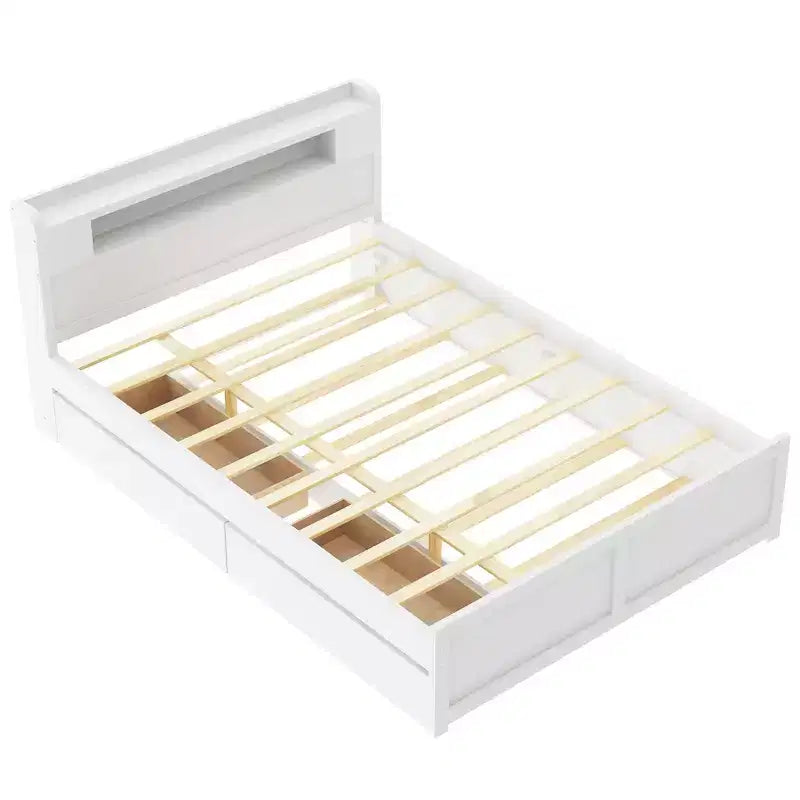 Queen Size Platform Bed with Trundle, Wood Storage Platform Bed with 2 Storage Drawers and LED Light