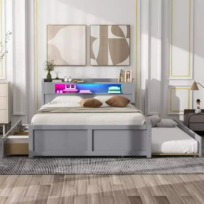 Queen Size Platform Bed with Trundle, Wood Storage Platform Bed with 2 Storage Drawers and LED Light