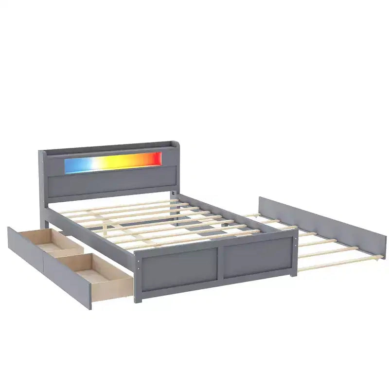 Queen Size Platform Bed with Trundle, Wood Storage Platform Bed with 2 Storage Drawers and LED Light