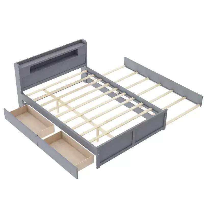 Queen Size Platform Bed with Trundle, Wood Storage Platform Bed with 2 Storage Drawers and LED Light