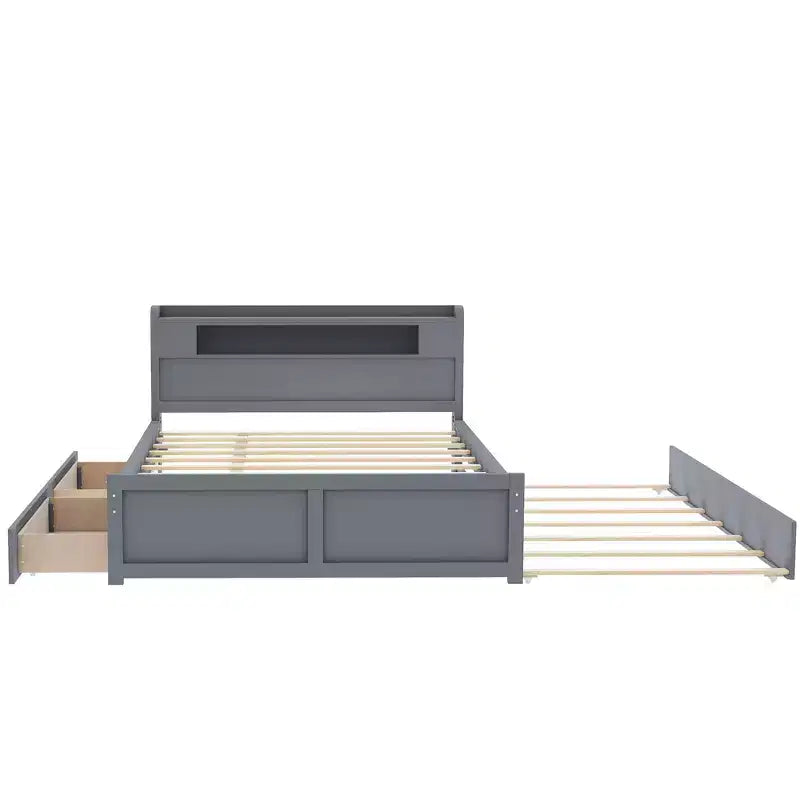 Queen Size Platform Bed with Trundle, Wood Storage Platform Bed with 2 Storage Drawers and LED Light