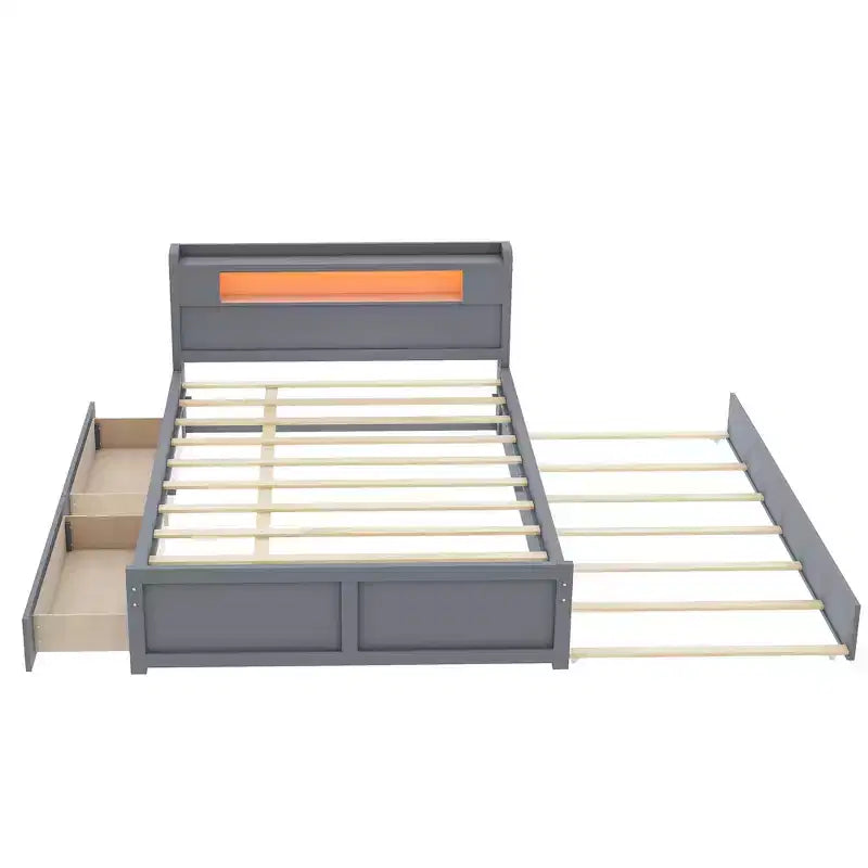 Queen Size Platform Bed with Trundle, Wood Storage Platform Bed with 2 Storage Drawers and LED Light