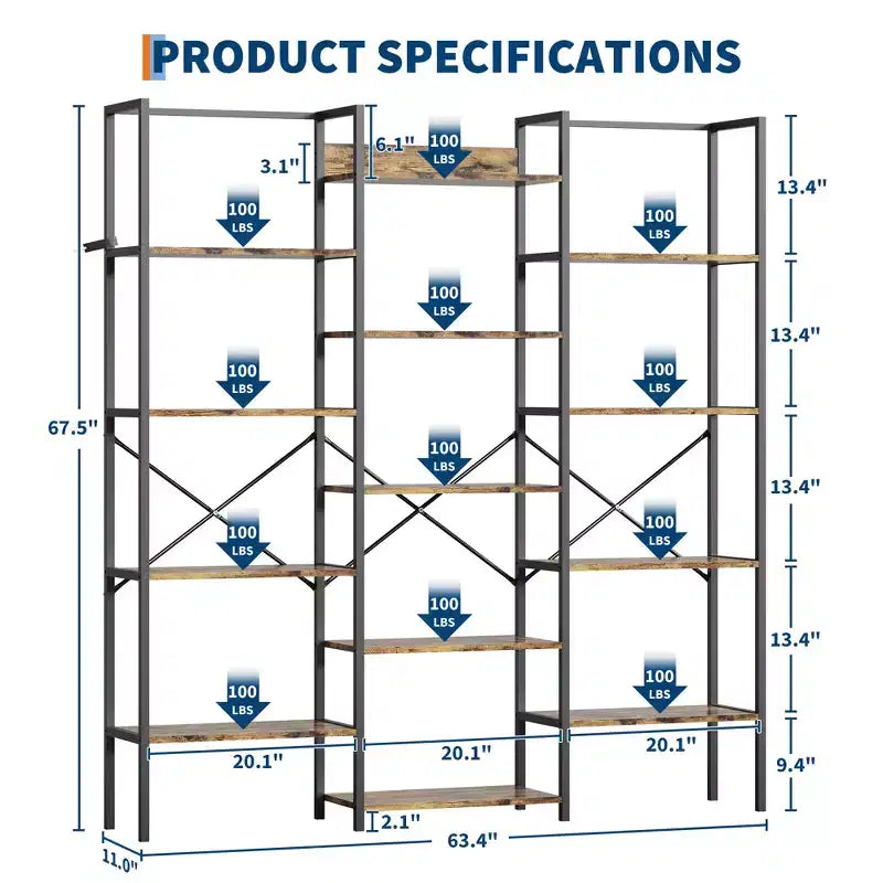 Large 5-Tier Floor-Standing Bookshelf Industrial-Style High-Capacity Bookcase Features 14 Open Display Shelves Ideal for Home and Office Use
