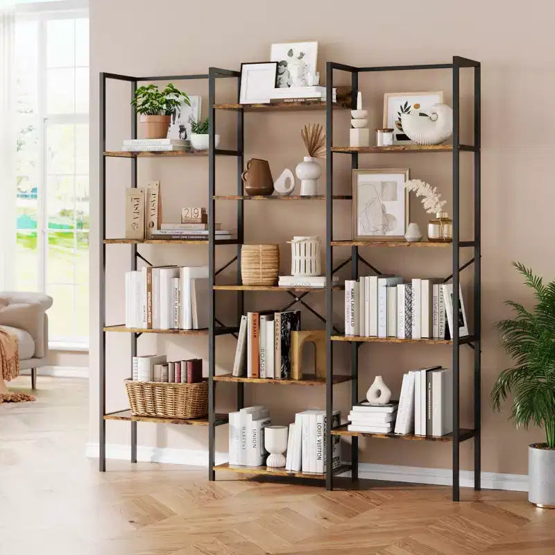 Large 5-Tier Floor-Standing Bookshelf Industrial-Style High-Capacity Bookcase Features 14 Open Display Shelves Ideal for Home and Office Use