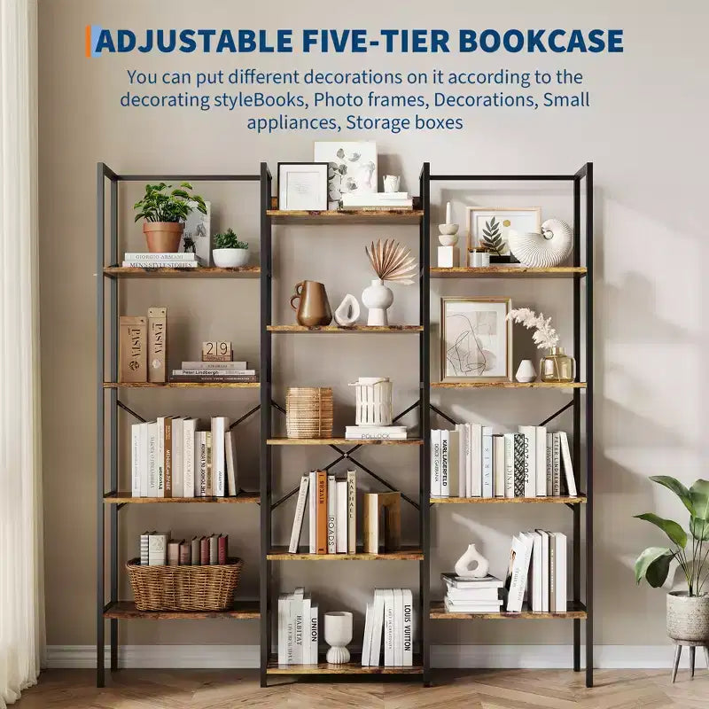 Large 5-Tier Floor-Standing Bookshelf Industrial-Style High-Capacity Bookcase Features 14 Open Display Shelves Ideal for Home and Office Use