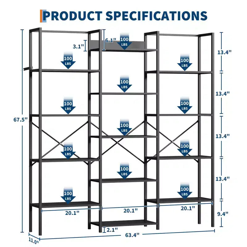 Large 5-Tier Floor-Standing Bookshelf Industrial-Style High-Capacity Bookcase Features 14 Open Display Shelves Ideal for Home and Office Use
