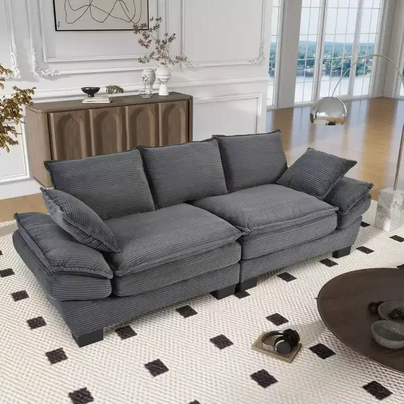 Clihome 85.4 Modern Curved Corduroy Fabric Couch Sofa,Back Upholstered Couch with 2 Decorative Throw Pillows