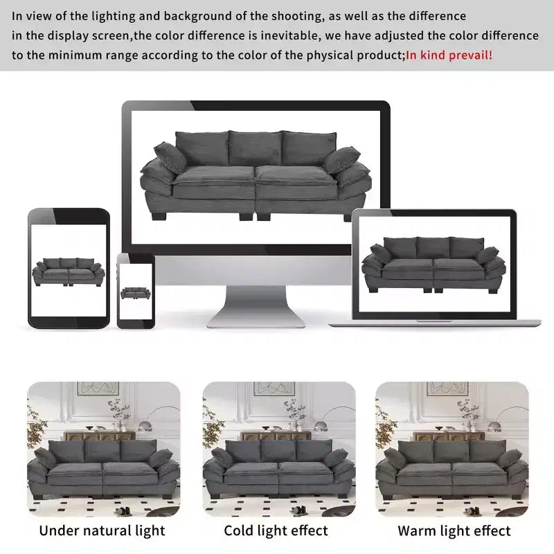 Clihome 85.4 Modern Curved Corduroy Fabric Couch Sofa,Back Upholstered Couch with 2 Decorative Throw Pillows