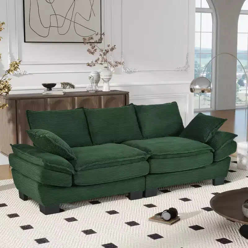 Clihome 85.4 Modern Curved Corduroy Fabric Couch Sofa,Back Upholstered Couch with 2 Decorative Throw Pillows