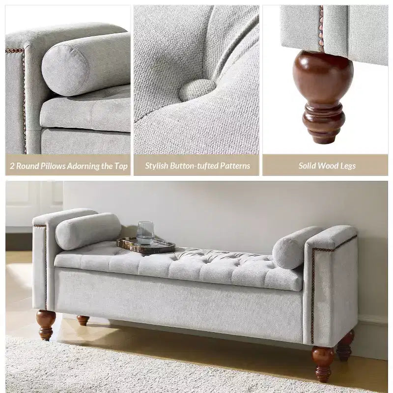 Antonia Storage Bench with Two Circular Pillows and Solid Wood Legs|ART OF LIVING DESIGNS